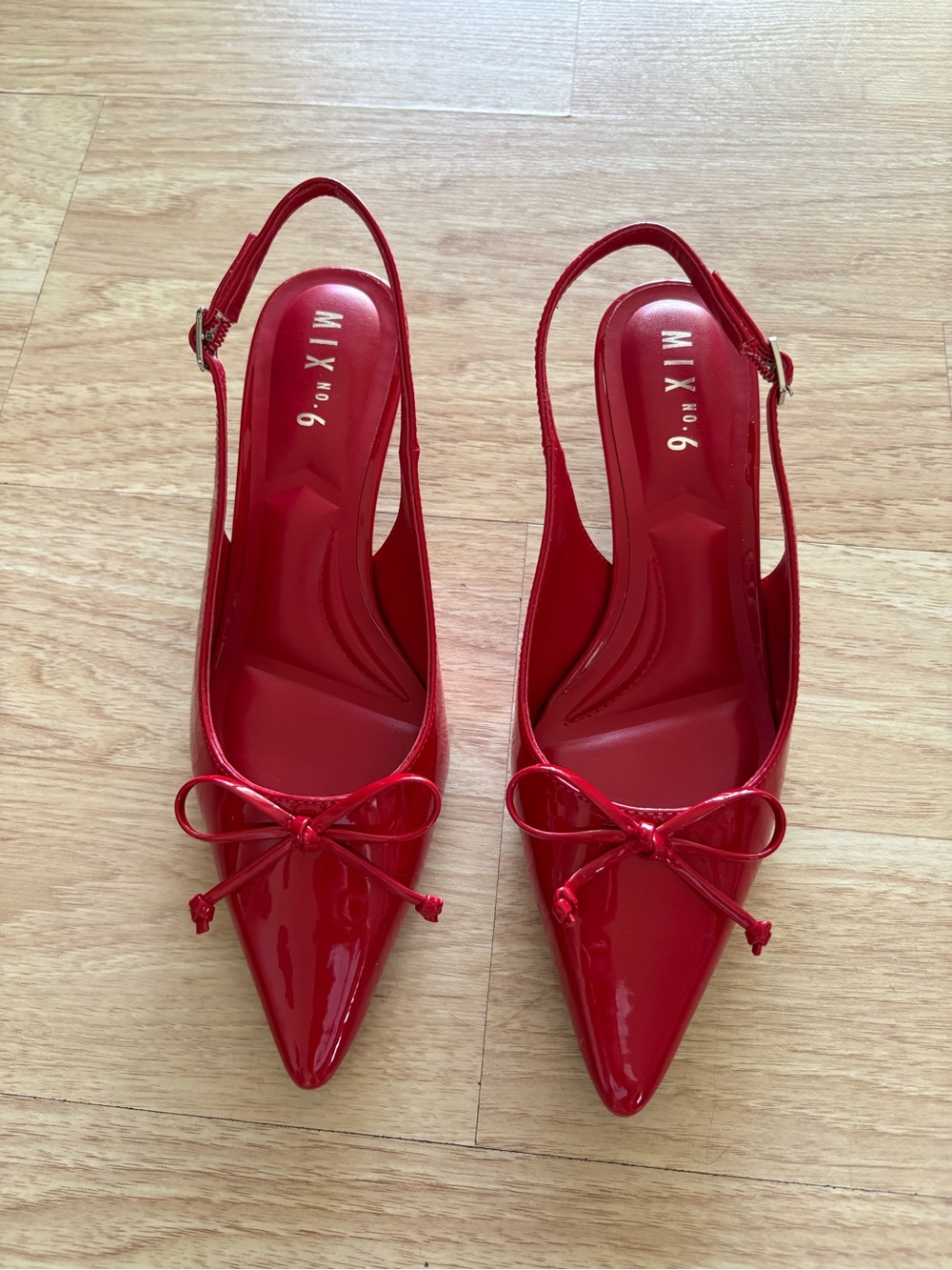 Mix No. 6 Red Patent Pointed-Toe Slingback Mules with Bow